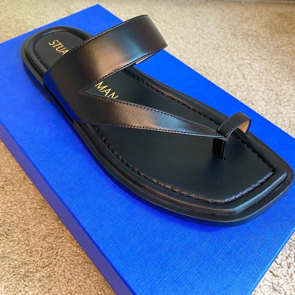 Stuart Weitzman Lyla Flat Leather Sandal Black Size 8.5, NWT - Picture 8 of 15